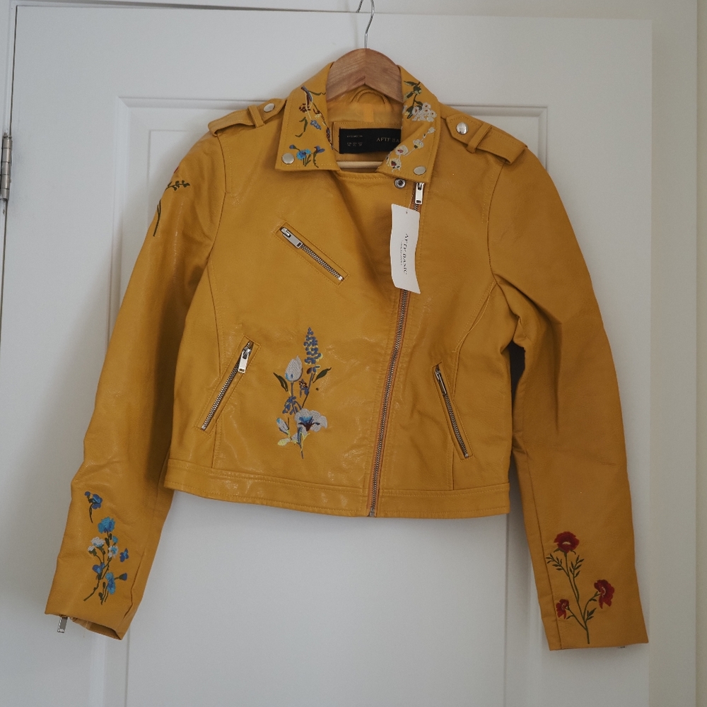 Yellow Floral Embroidered Leather Jacket